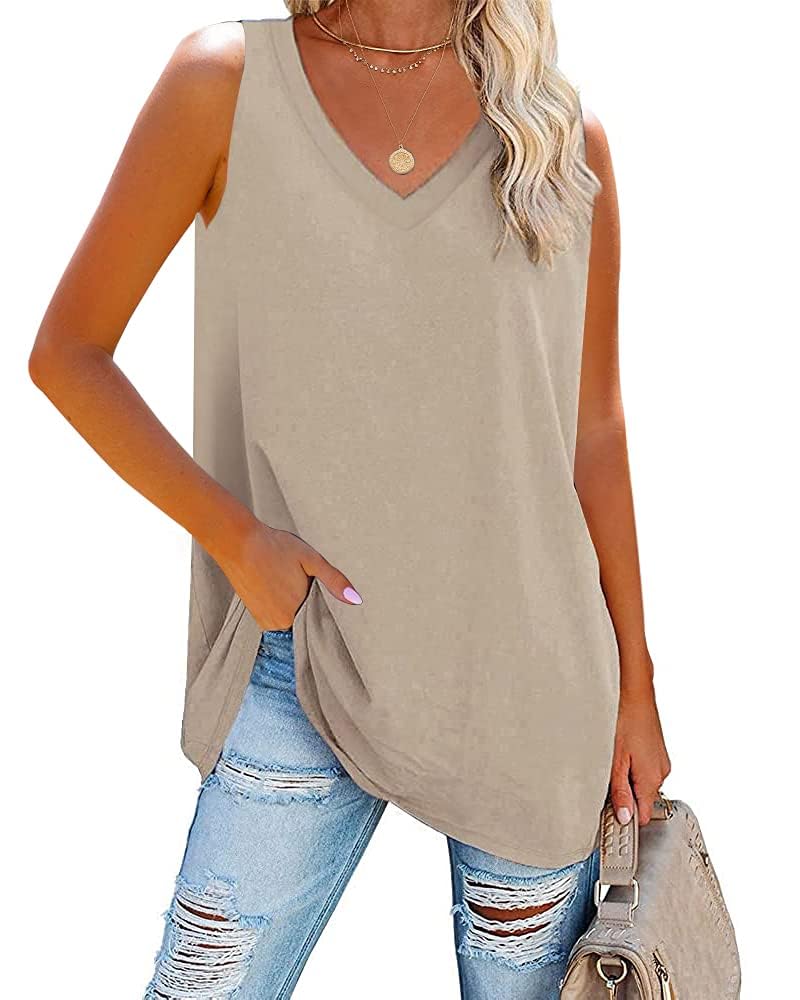 Fisoew Damen Tank Top V-Ausschnitt Blusentop Sommer Basic Tops Ärmellos Bluse Locker Cami Oberteile