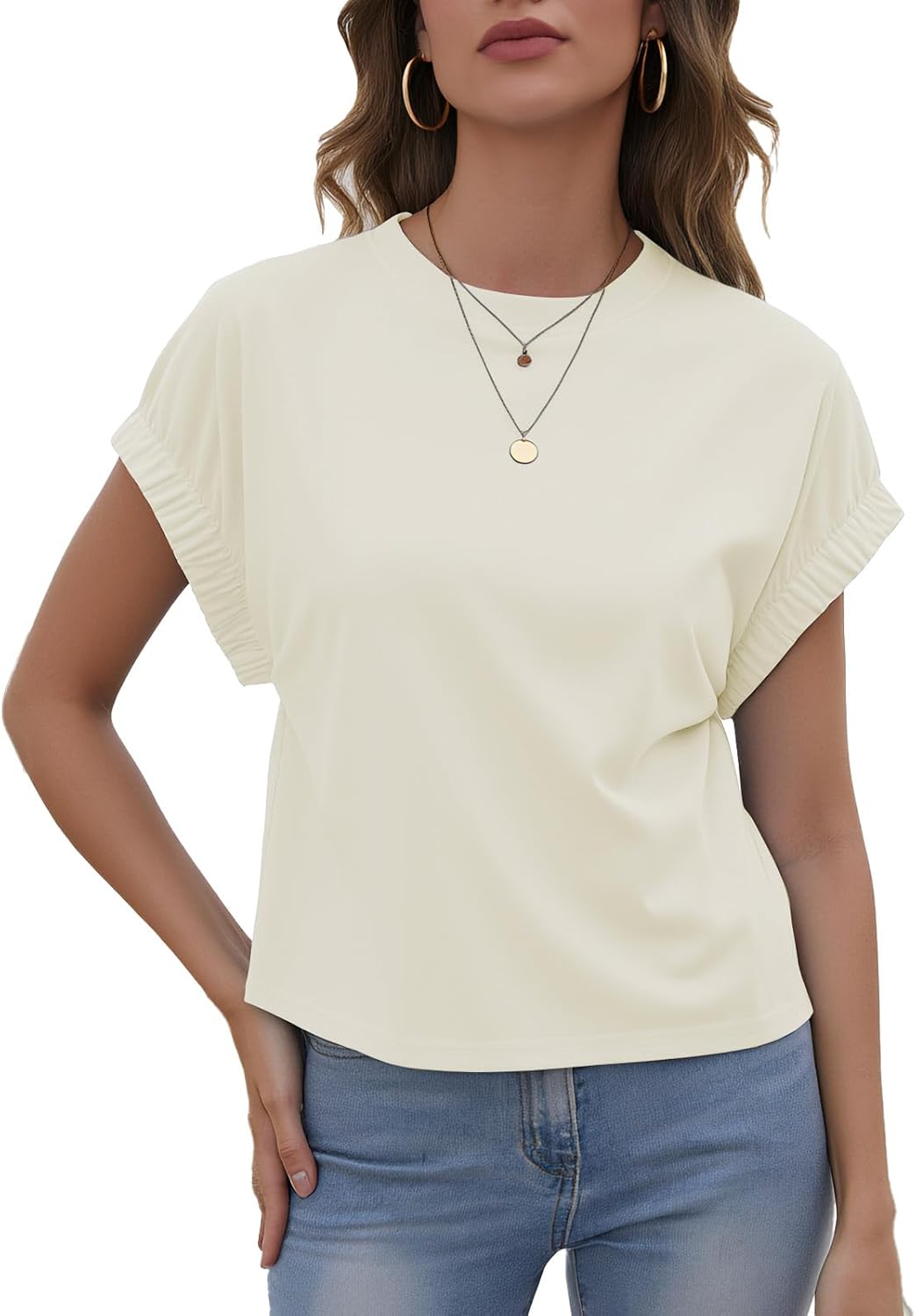 Womens Summer Crop Tops Cap Sleeve Tshirt Summer Crew Neck Solid Color Shirts
