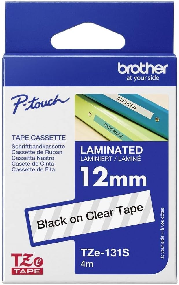 Brother TZe-131S Labelling Tape Cassette, Black on Clear, 12mm (W) x 4M (L), Laminated, Brother Genuine Supplies