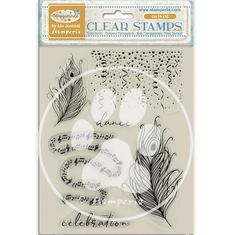 Stamperia - Acrylic Stamp for Scrapbooking, Albums, Card Making, Bullet Journalling and More, Transparent, Long Lasting, Easy to Clean, Perfect for Crafts and Gifting (Masquerade, Feathers)