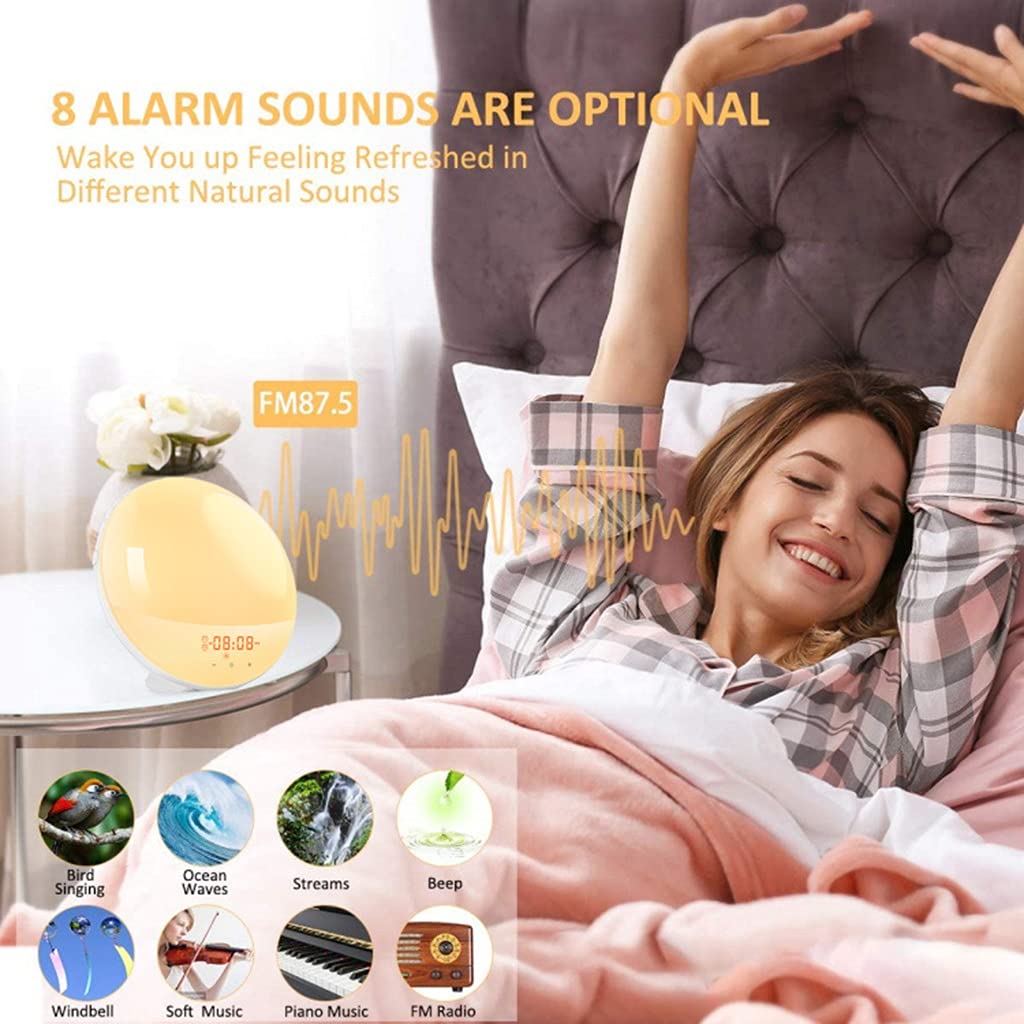 Sveglia con Simulazione Alba/Tramonto, con la Funzione Snooze, Touch Control Wake Up Light, Lampada da Comodino Dimmerabile, 4 Allarmi, 7 Suoni, 20 Luminosità