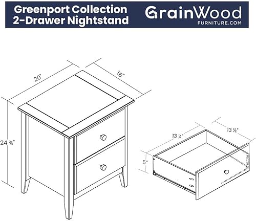 Miniatura 2 de Grain Wood Furniture Greenport - Mesita de noche de 2 cajones color blanco cepillado