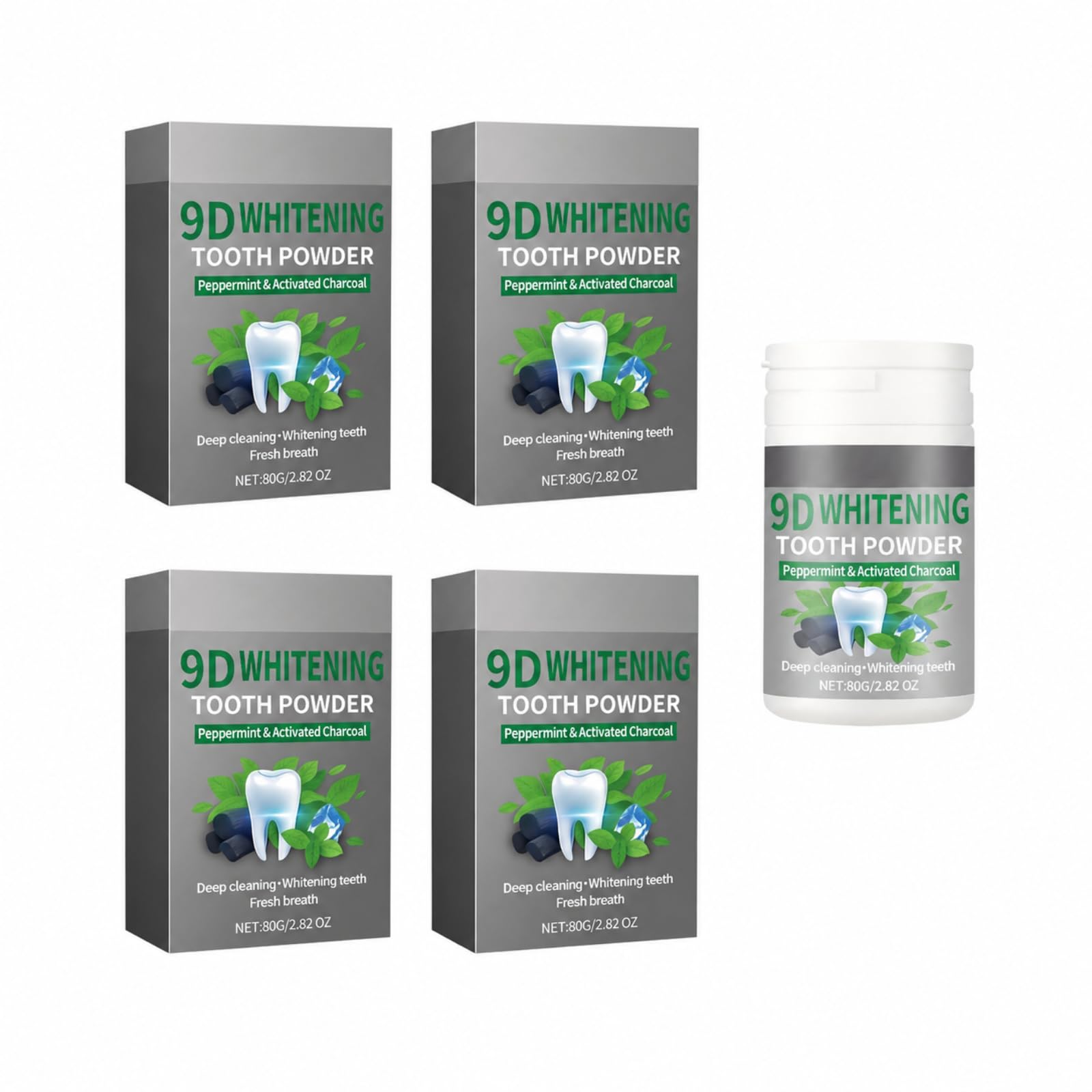 Poudre Blanchissante Dents 9D, Menthe Poivrée & Charbon Actif, 80 g