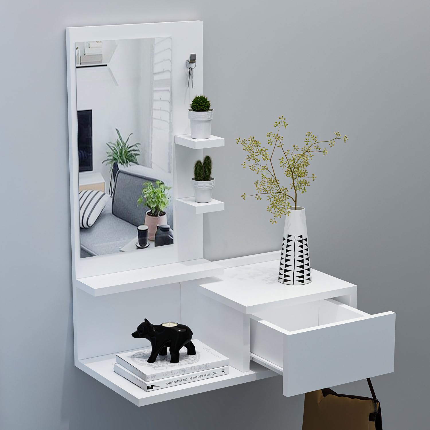 HOMIDEA ENKI Mobile sospeso per corridoio - Armadio con specchio - Armadio a parete per ingresso con cassetto, specchio e ripiano dal design moderno (bianco/bianco)
