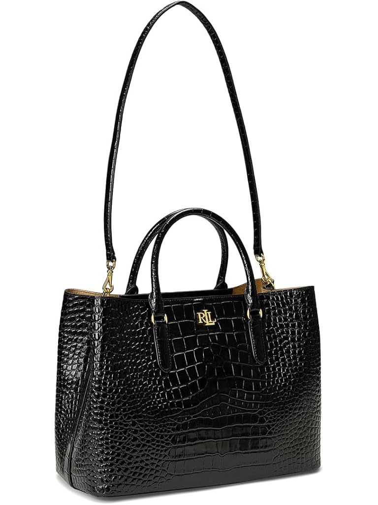 Black Lauren Ralph Lauren Embossed Leather Large Marcy Satchel