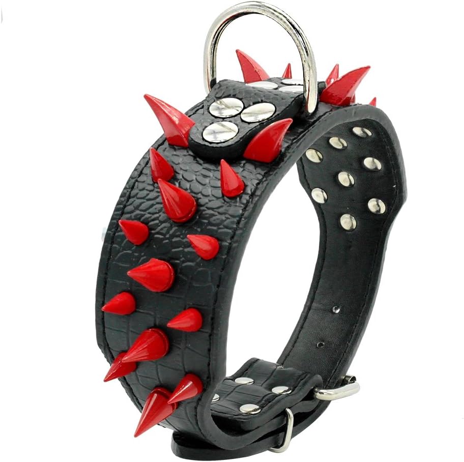 Sharp Spiked Studded Dog Collar - Stylish Leather Dog Collars - 2 Inch in Width Fit for Medium & Large Dogs - Such as Pitbull Mastiff - Red Rivets & Black Leather,21-24"