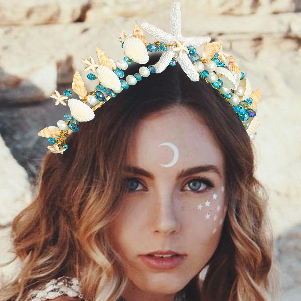 CAKURE Sea Star Crown Headband Boho Starfish Tiaras Beach Wedding Crowns Headpiece Sea Shell Headbands Pearl Beach Wedding Hair Accessories for Women thumbnail