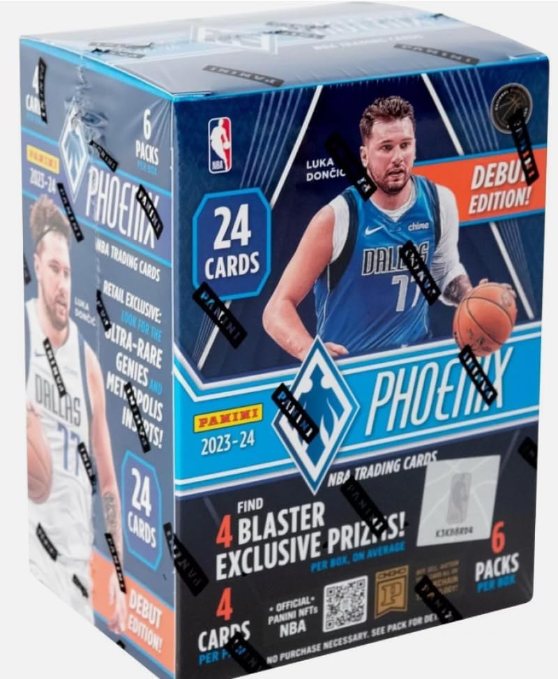 Panini 2023-24 Phoenix Debut Edition NBA Basketball Factory Sealed Blaster Box 6 Packs of 4 Cards. Look for 4 Blaster Box Exclusive Prizm Parallels. Chase Retail Exclusive Ultra Rare Genies and Metropolis Inserts. Look for possible autographs from some of the game's top players.