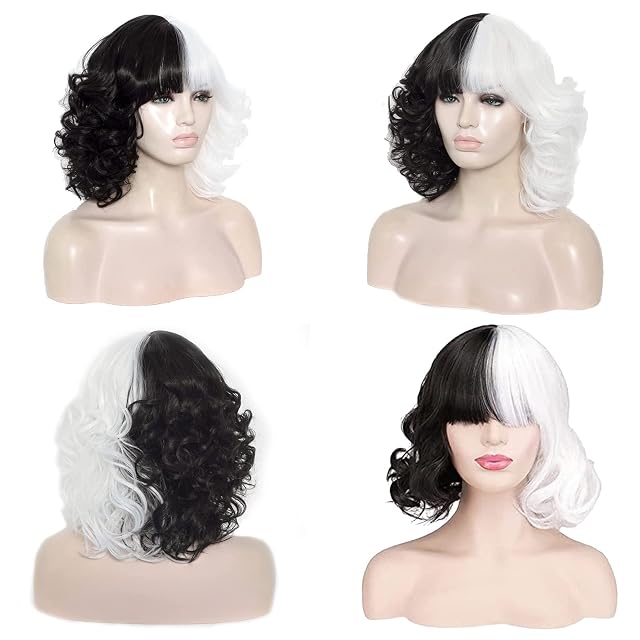 Foto 4 de 7 de Eniyou Peluca Cruela Devil Blanca y Negra Gorro de Vil Mujer para Halloween Navidad Carnaval Fiesta Cosplay…
