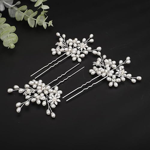 Miniatura 2 de Teyglen Juego de 3 horquillas para el pelo de perlas para novias, flores de perlas, para boda, juego de horquillas florales doradas y plateadas,