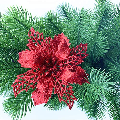 GLITZFAS 12 Stück Glitter Weihnachtsbaum Dekoration, Weihnachtsbaumschmuck Ornament Weihnachten Blumen Dekor, Christbaumanhänger (Rot,9 cm)