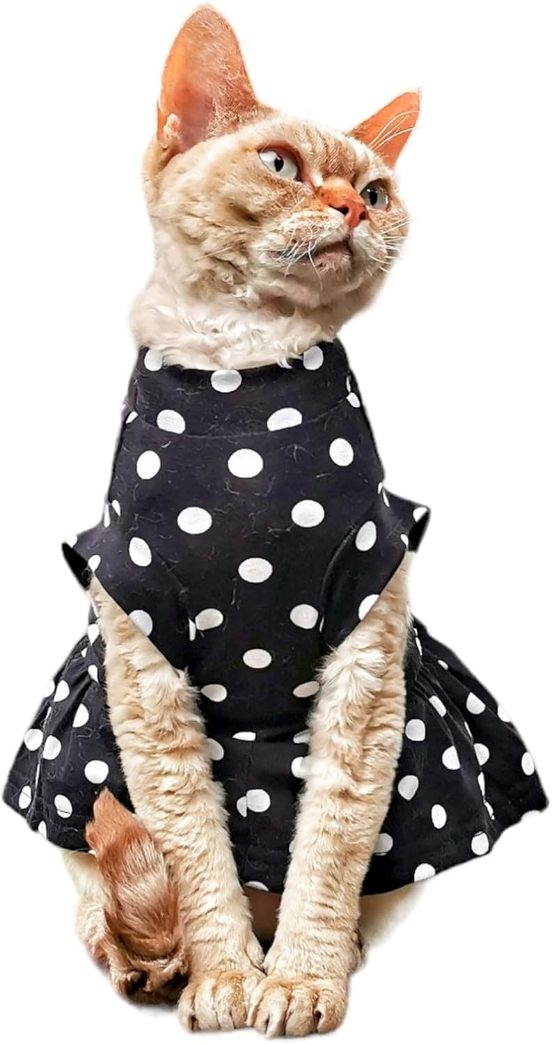 Cat's T-Shirt Polka dot Dress for Sphynx and Naked Cats (Medium)