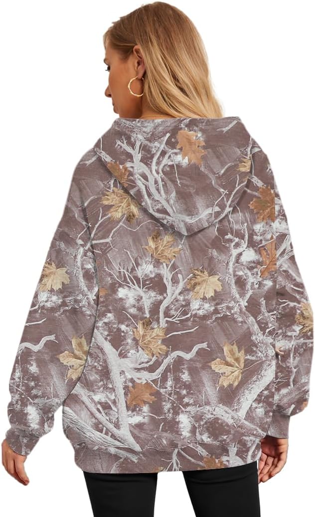 Womens Camo Hoodies Fleece Oversized Hooded Sweatshirts Fashion Tree Leaf Graphic Pullover Tops - Image 3