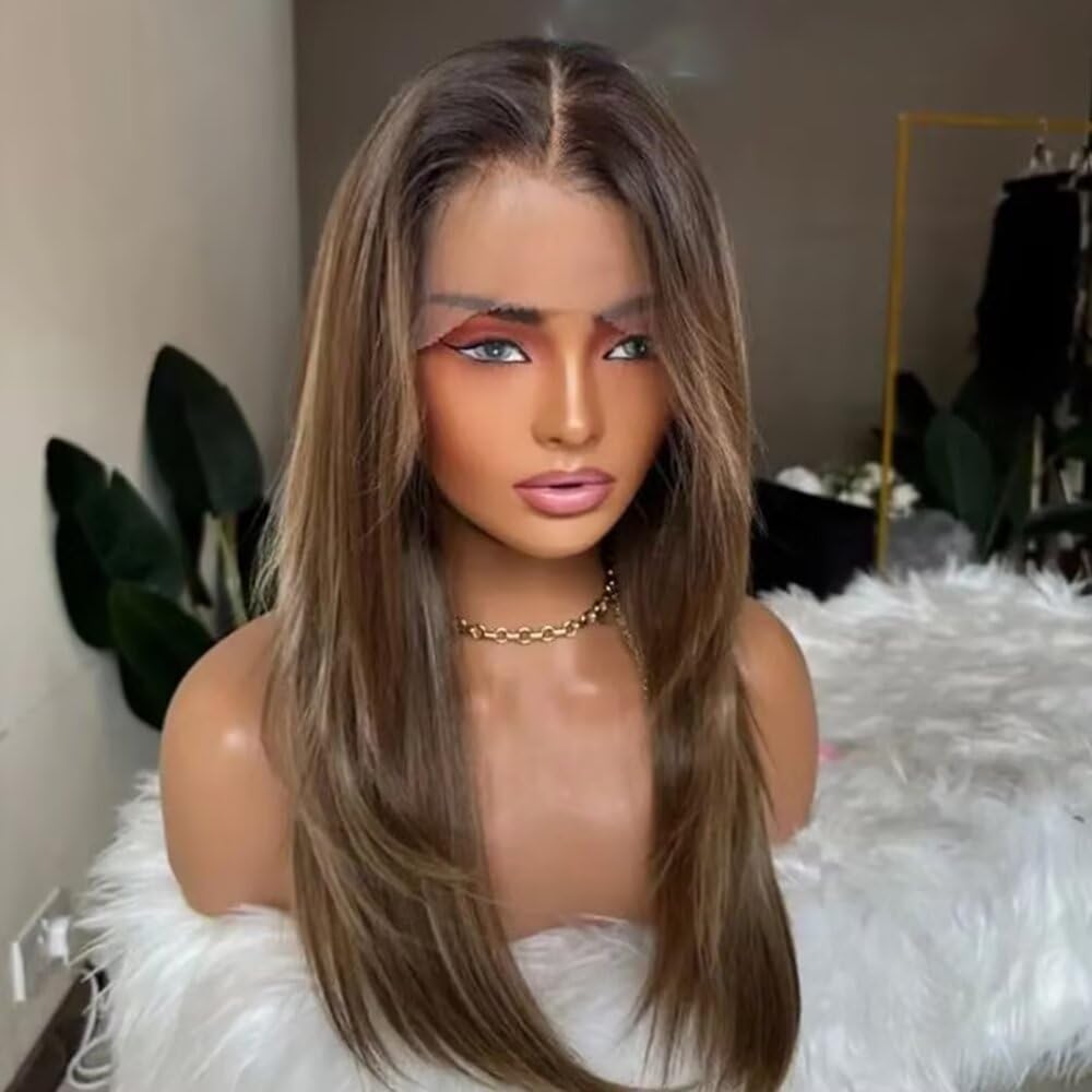 Layered Cut Silky Straight Highlights Wig Pre Plucked Dark Root Ombre Brown and Blonde Color Layered Cut Natural Colored 13x4 Invisible HD Lace Front Human Hair Wig with Bleached Knots 150 Density