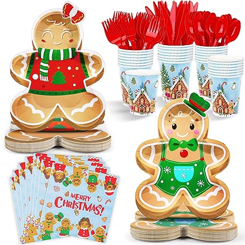 durony 168 Pieces Gingerbread Christmas Party Supplies Merry Christmas Tableware Set Includes Paper Plates Napkins Cups Plastic Knife Fork Spoon for Holiday Xmas Decorations, Serve 24