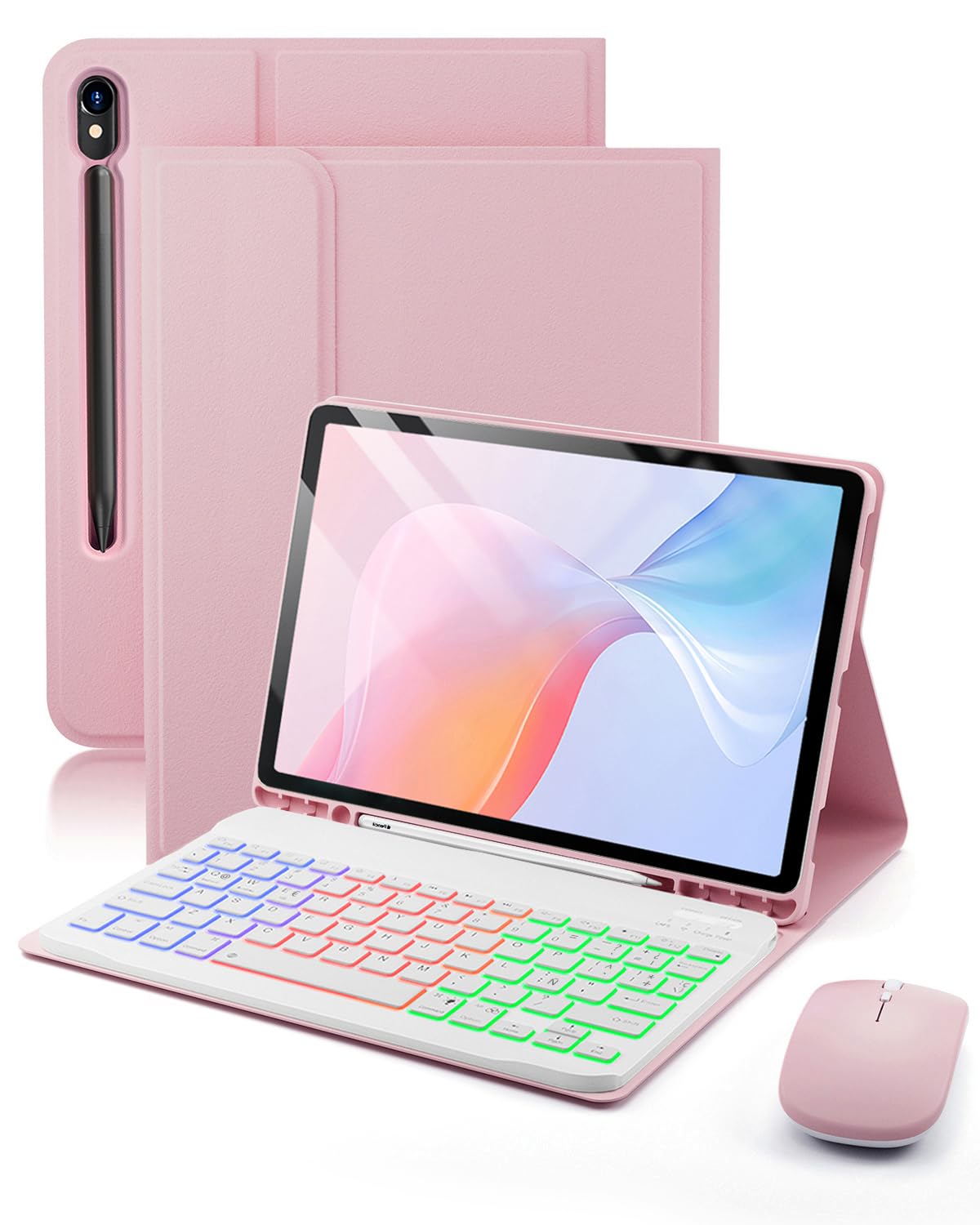 para Samsung Galaxy Tab S10 Lite /Tab S10 FE /Tab S9 FE /Tab S9 /Tab S8/Tab S7 10,9-11 Pulgadas Funda con Teclado inalámbrico Bluetooth retroiluminado (Teclado QWERTY, distribución española) y ratón