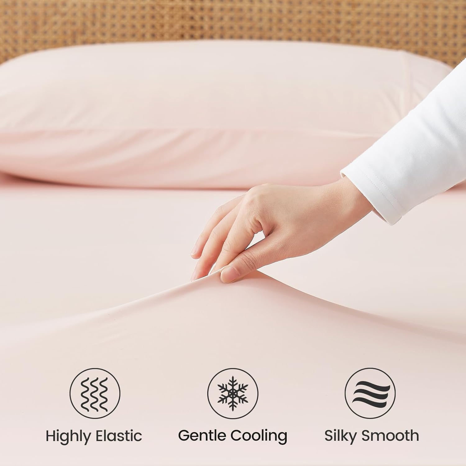 Cozy Bliss Premium Cooling Sheet Set Queen Size, Q-Max>0.4, 3PCS No Flat Sheet with 2 Pillowcases, Breathable Fitted Sheet for Hot Sleepers & Night Sweats, Deep Pocket Up to 18 Inches, Pink - Image 5