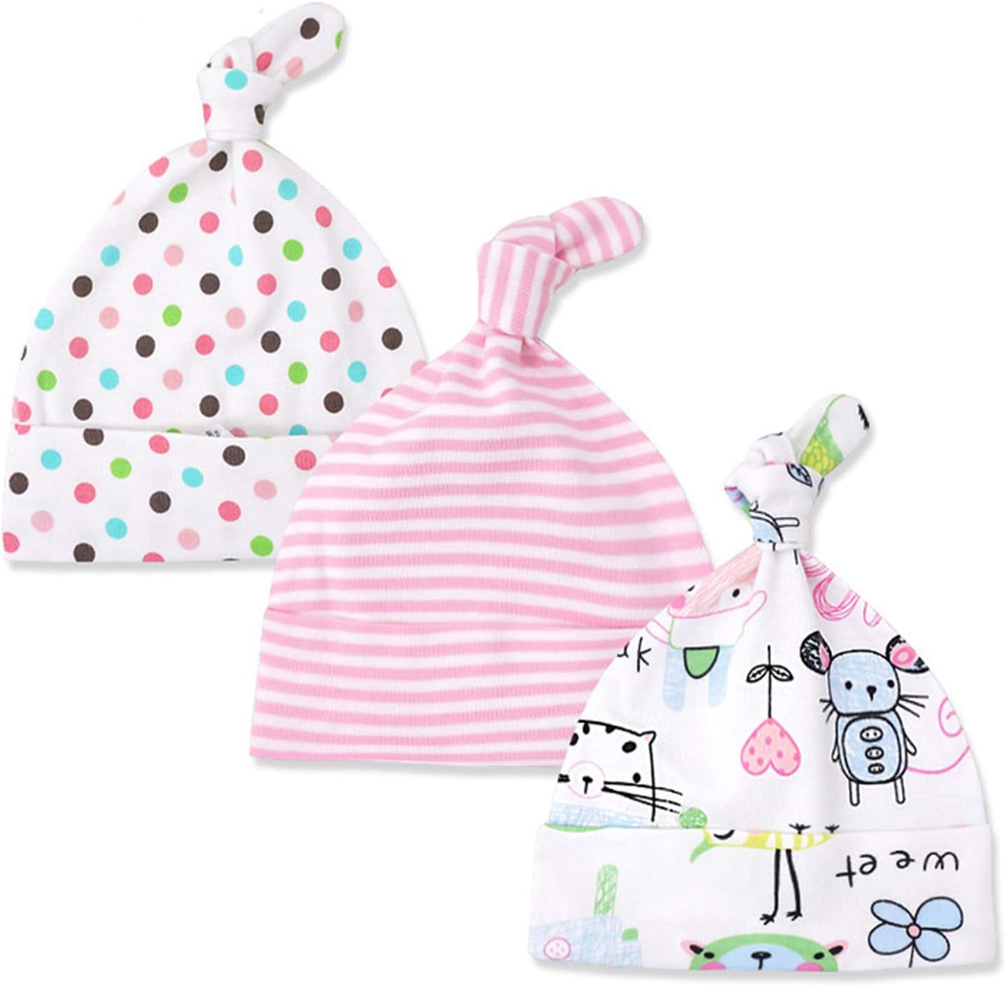 Luzlen Newborn Baby Hat Boys Girls Knot Infant Beanie Hospital Cotton Adjustable Caps for 0-6M 3 Packs