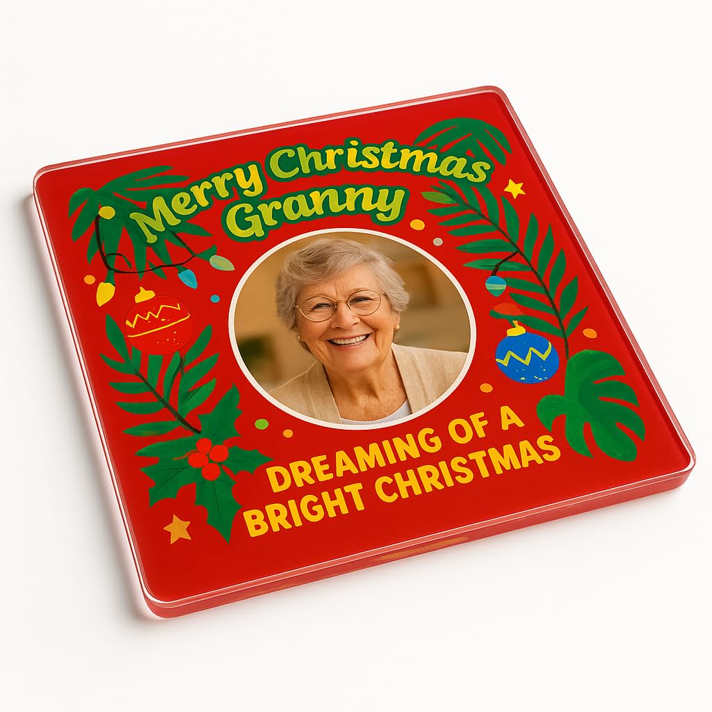 The Plum Penguin Granny Acrylic Coaster Personalised Photo Gift With Tropical Cheer Frame Design - Personalised Photo Gift For A Joyful Christmas Surprise