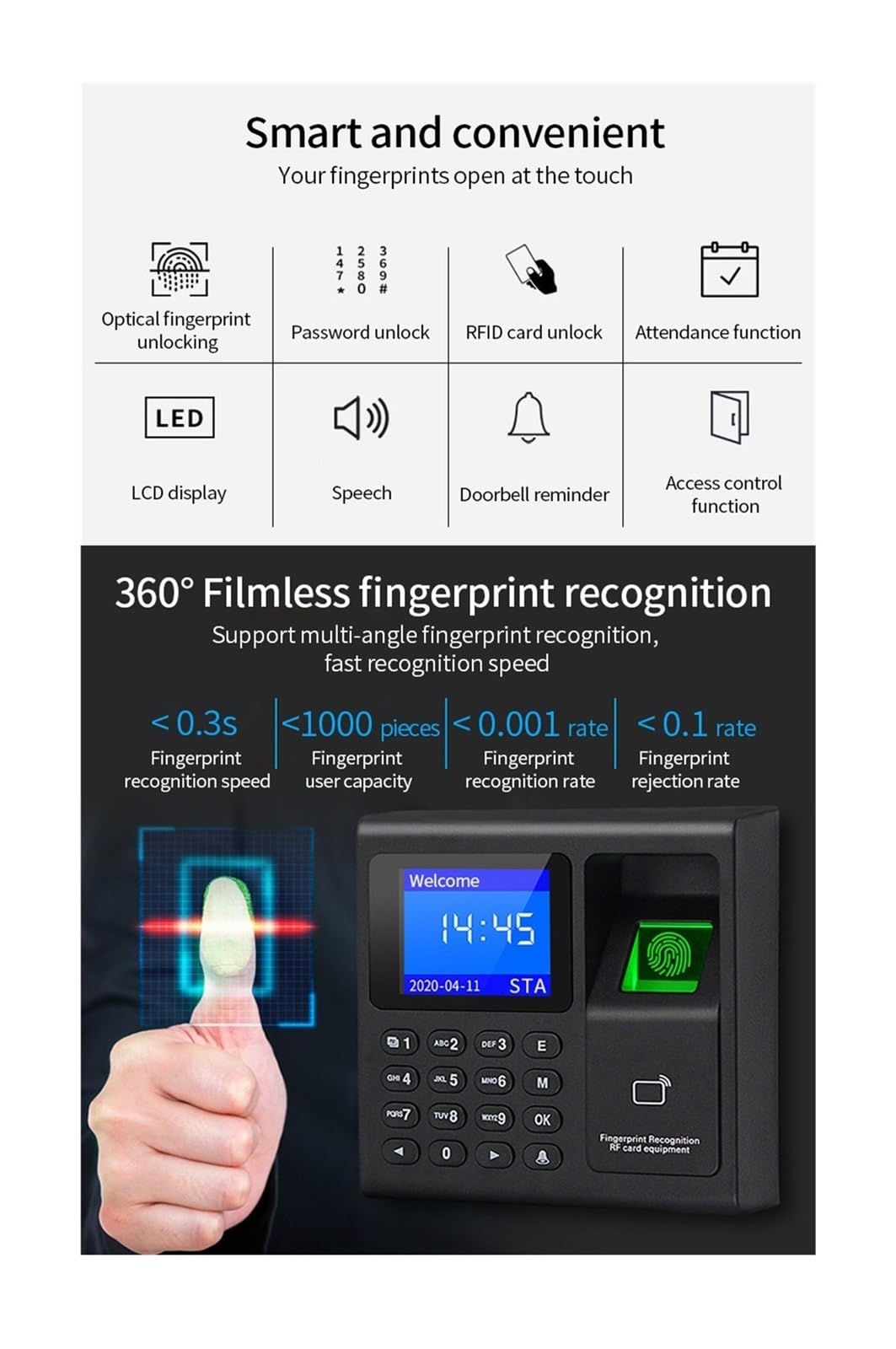 Orologio marcatempo, di controllo accessi RFID con scanner biometrico for impronte digitali, 1000 utenti, registratore presenze USB for ufficio fabbrica