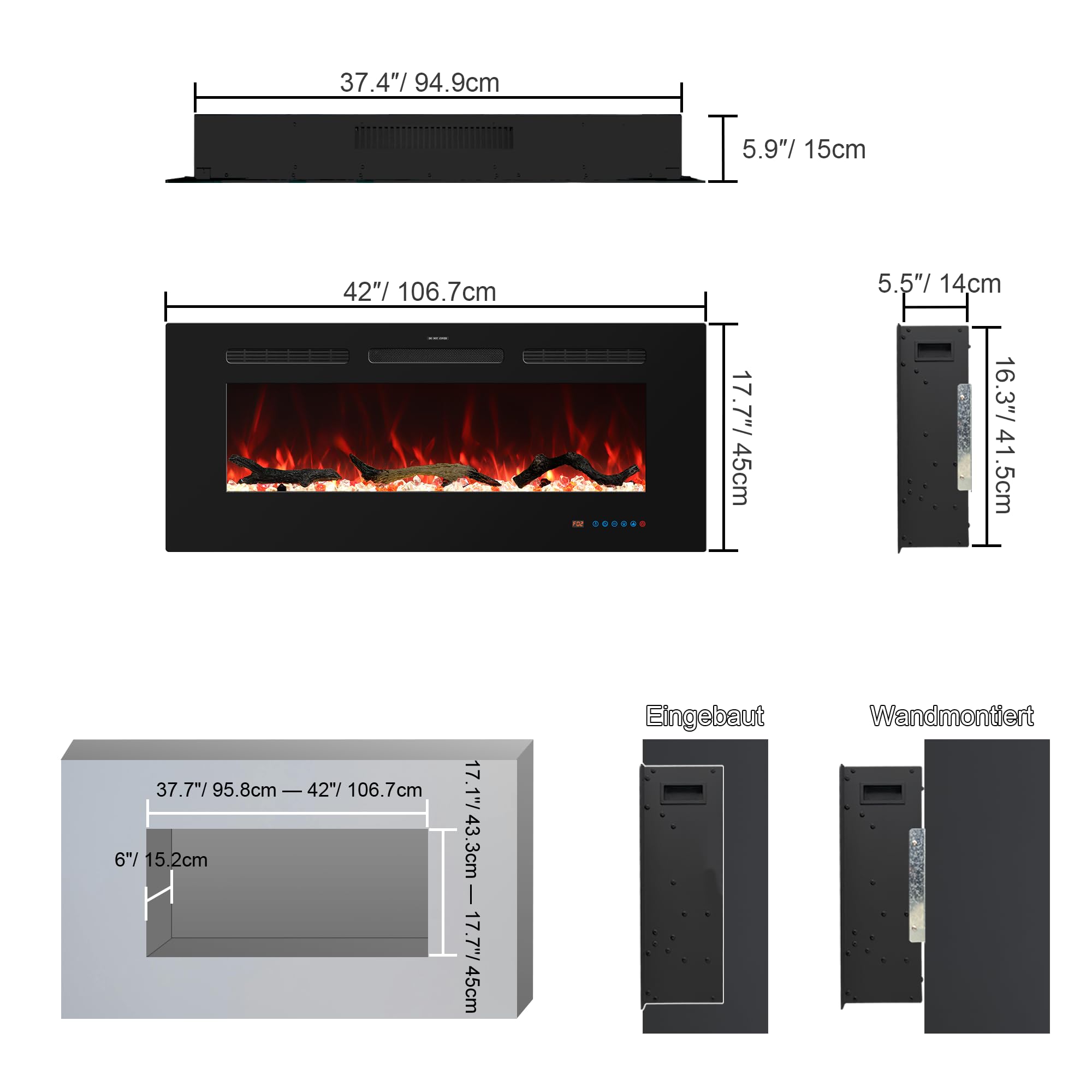 107 cm elektrischer Kamin, Einbau- und Wandkamin Heizung, 750W/1500W linearer Kamin mit Fernbedienung, Touchscreen, 13 Flammenfarben, Timer, Log-Kristall