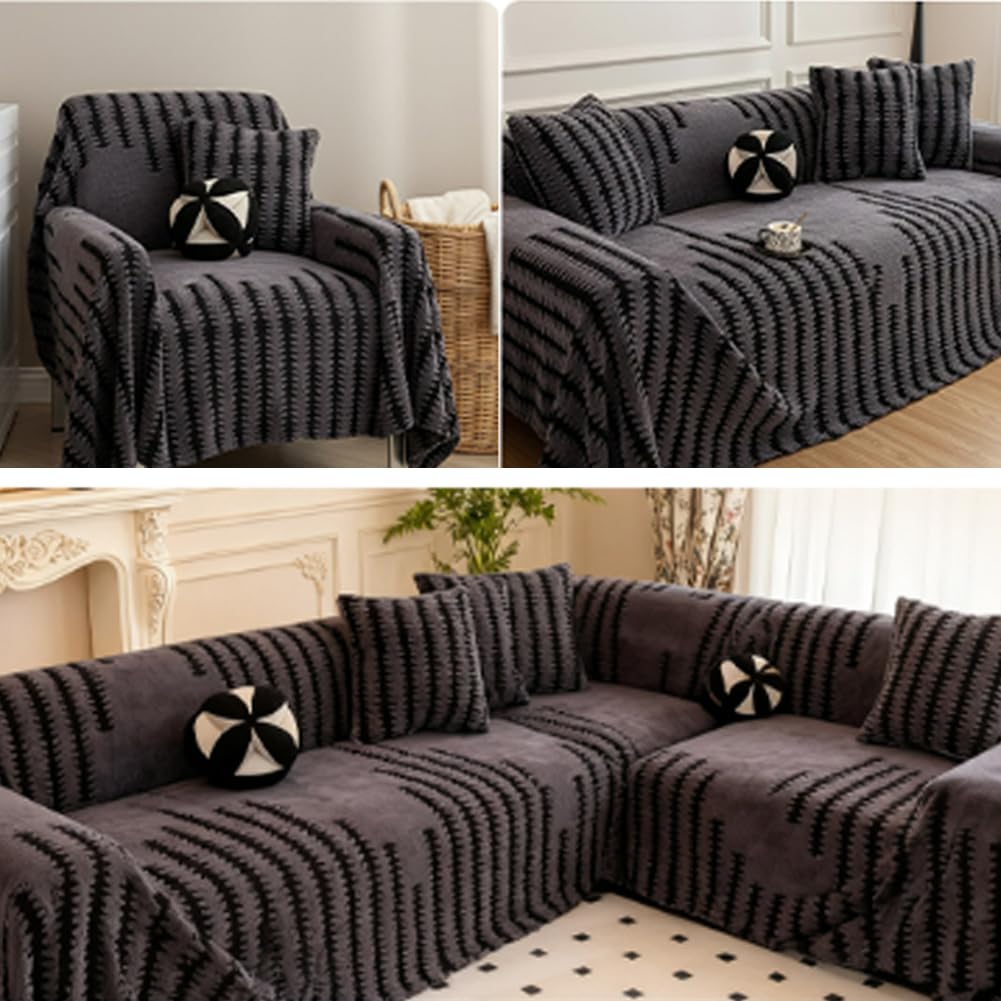 Housse de canapé en peluche antidérapante extensible protection griffe chat anti poils animaux pour canapé d'angle 3 places Gris Clair 180x200 cm
