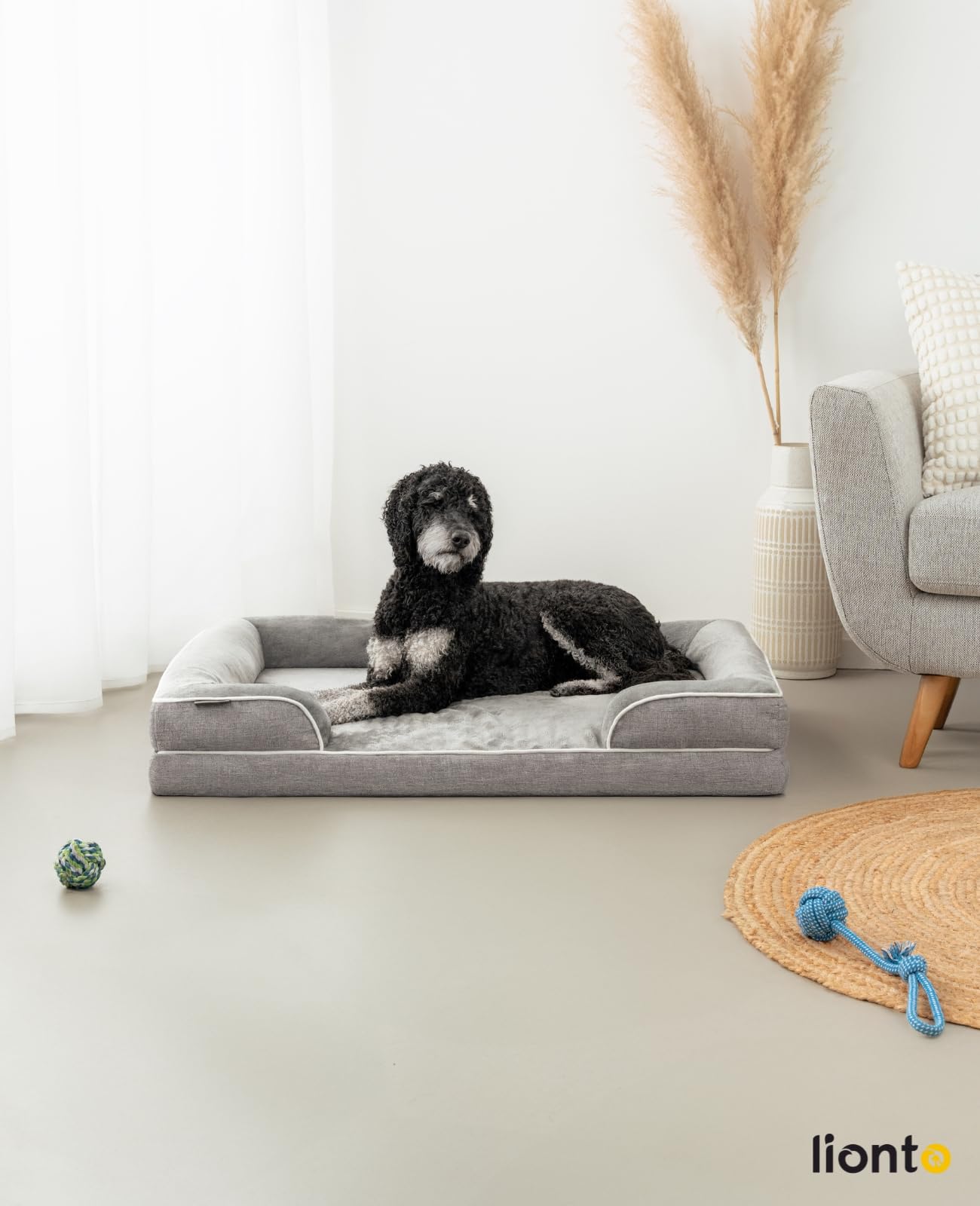 lionto Lit orthopédique pour Chien avec Bordure surélevée, 106x80x17 cm, Coussin Robuste en Flanelle Douce, Housse Amovible & Lavable, antidérapant, adapté aux Petits & Grands Chiens et Chats, Gris