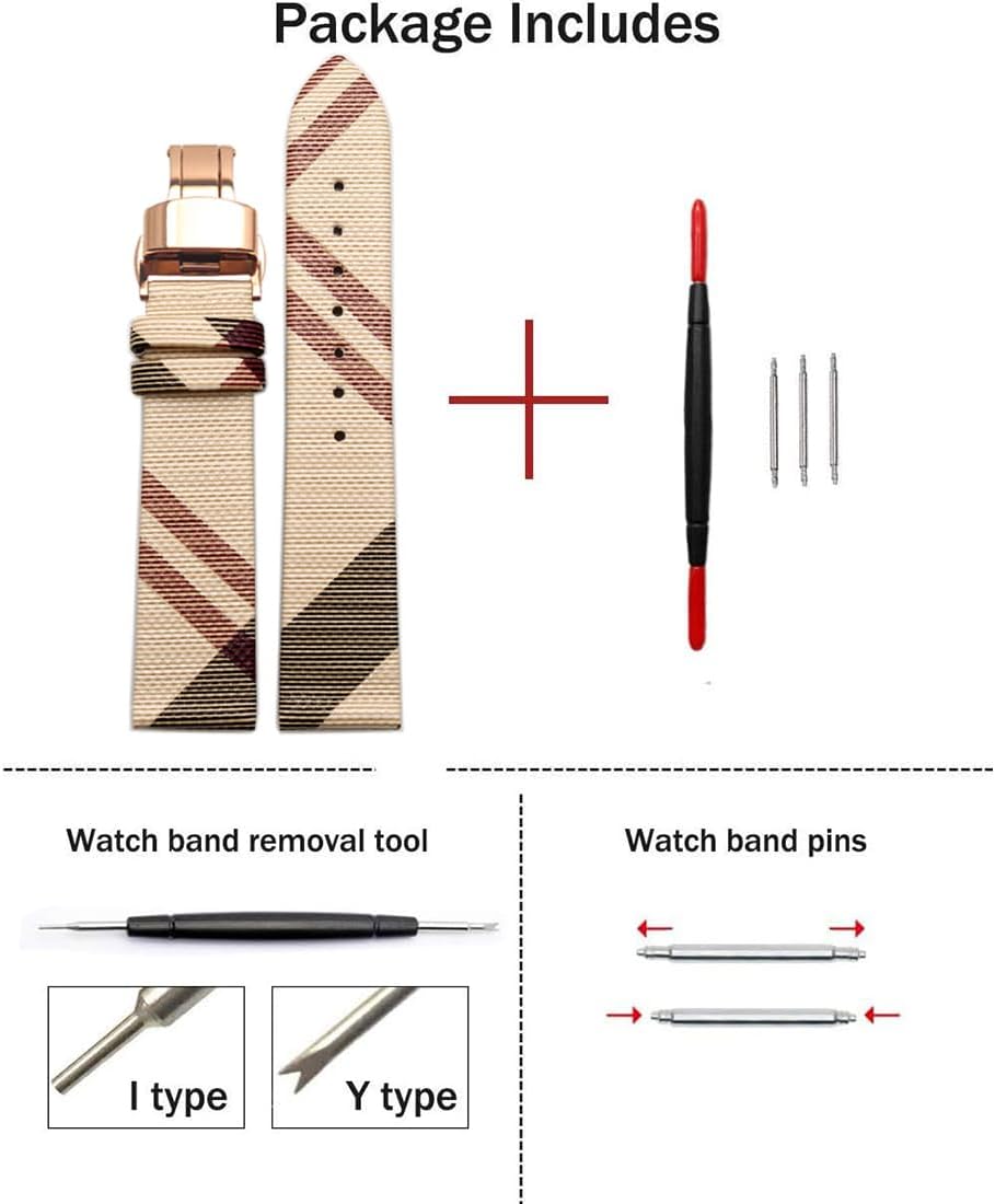 Luxury Beige Plaid Leather Watch Band Quick Release Strap Butterfly Deployment Buckle Replacement for Women's Watches image 2