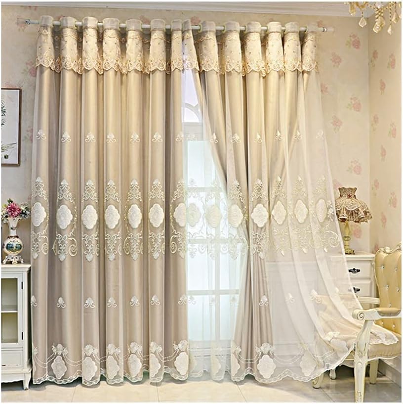 Blackout Curtains for Kids Bedroom Living Room Double Layer Embroidery Curtains Elegant Drapes Window Curtain with Net Sheers 1 Panel (Color : Blue Size : 2X2.7M) (Beige 3X2.7M)