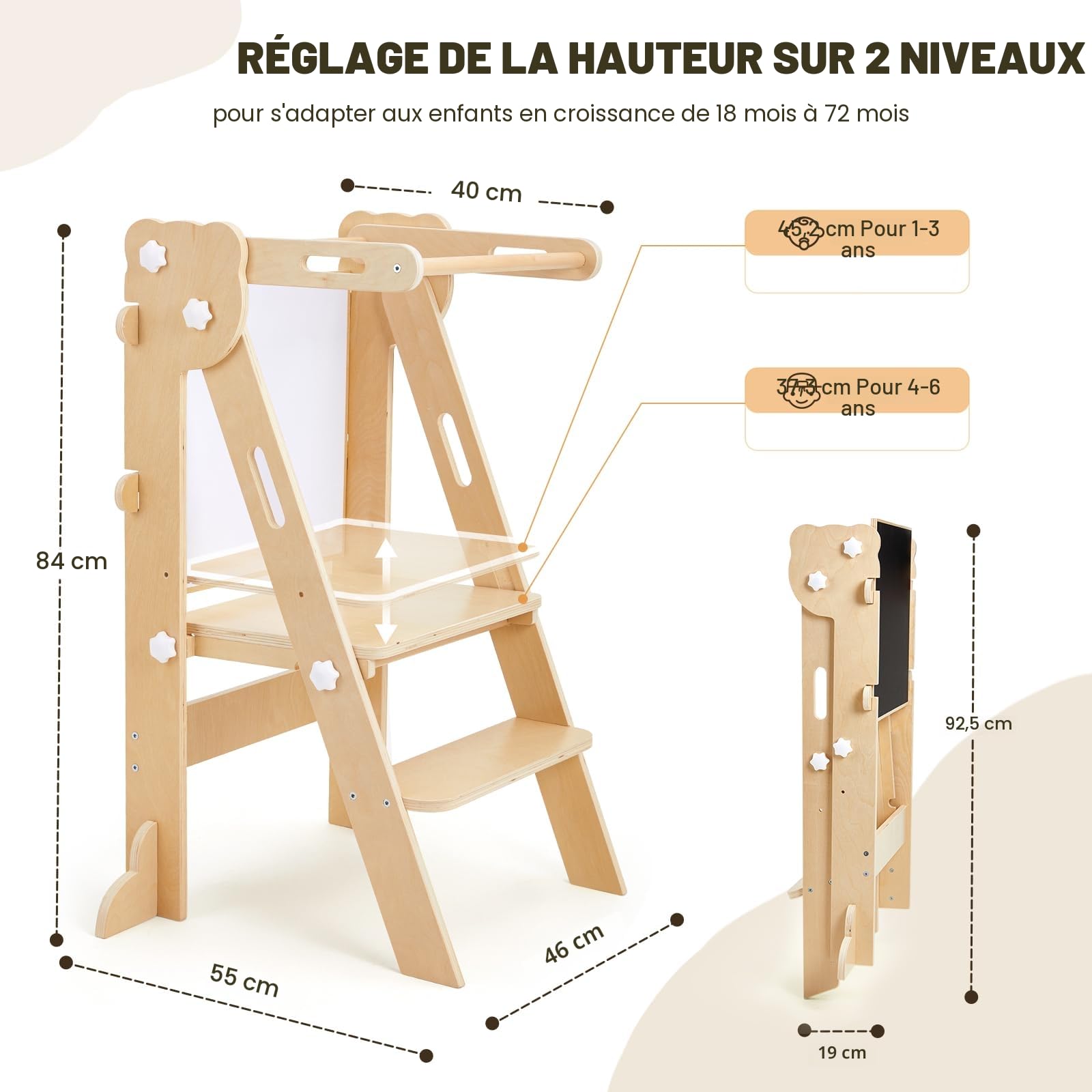 Labebe Tour d'apprentissage pour Enfants, 3 en 1 Montessori Pliable Tour d Observation, Multifonctionnelle Réglable Tour d'apprentissage avec Tableau Double Face à partir de 1 an (Bois)
