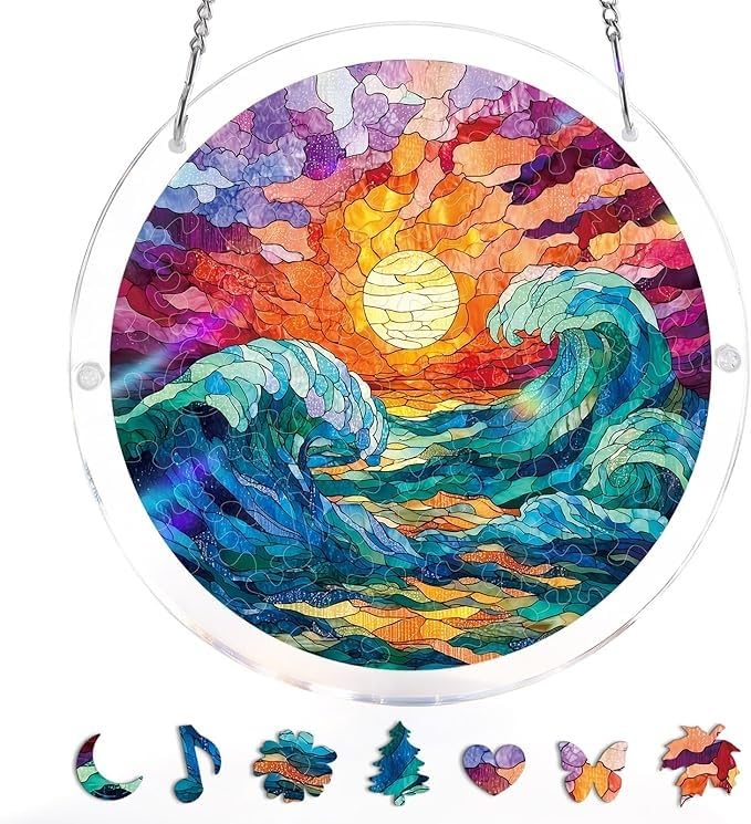 83 Pieces Hanging Acrylic Suncatcher Puzzle,DIY Acrylic Jigsaw Puzzle for Adults, 2mm Transparency Acrylic, Acrylic Suncatcher Puzzles for Doors Garden Window (Sunset Tide, 7 Inches) — image 1