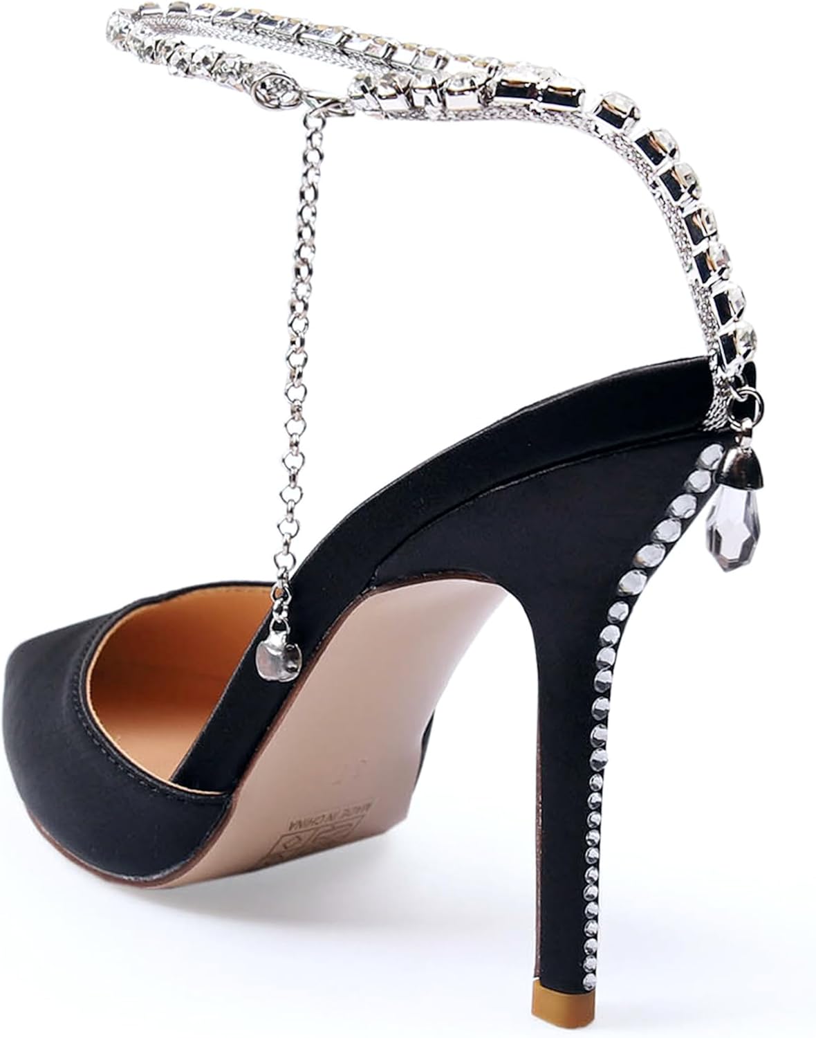 Women's Heeled Sandals Crystal Chain Ankle Straps Rhinestones Buckle High Heels Stiletto Slip On Wedding Party Satin Dress Shoes 3.9 IN - Image 5