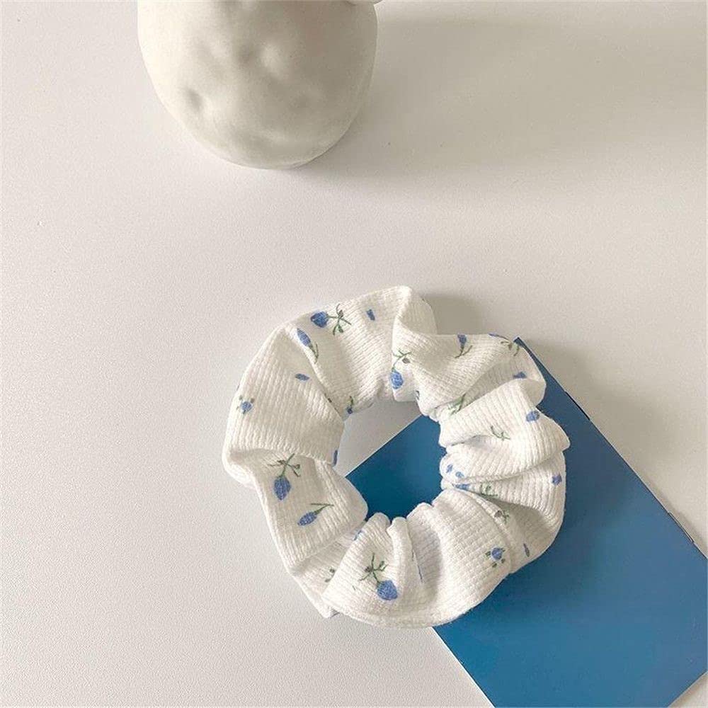 Hairband Intestine Korean Retro Women Scrunchies(blue flower)