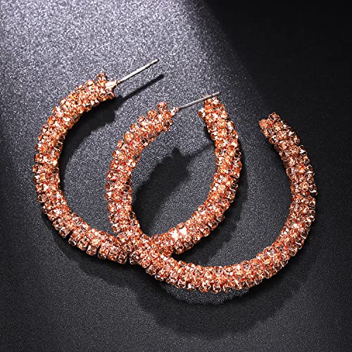 Rhinestone Hoop Earring Sparkly Crystal Wrapped Hoop Dangle Earrings For Women Girls Statement Boho Gold Black Plated Cz Diamonds Hoop Earring Holiday Gifts (D: Pink Crystal) #TOP1