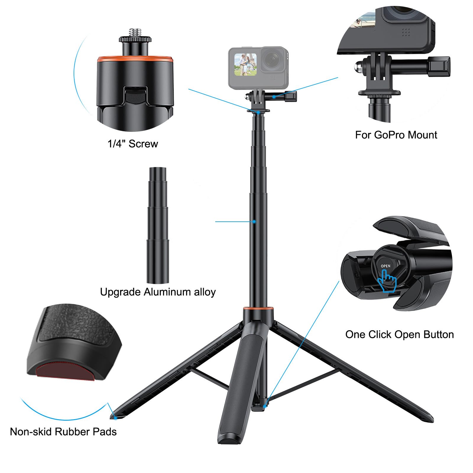 Trípode extensible para selfie de 1,4 m para cámara de acción, materiales de aleación de aluminio, soporte de cámara 2 en 1 para fotos de grupo/vlogging/transmisión en vivo para Insta360/GoPro