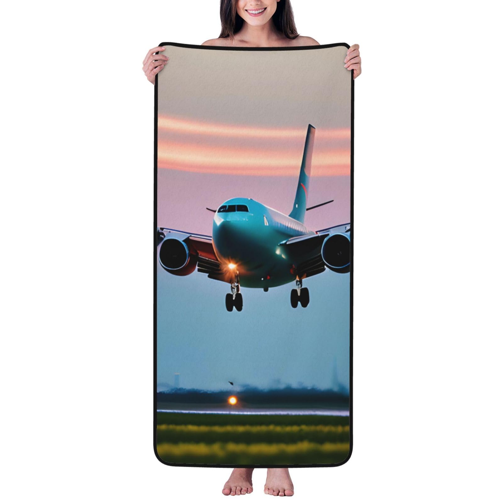 JBJGKHLP Airplane In The Evening Lights Print Women Men Couples Coral Velvet Bath Towel Ultra-Soft For Home Bathroom Travel
