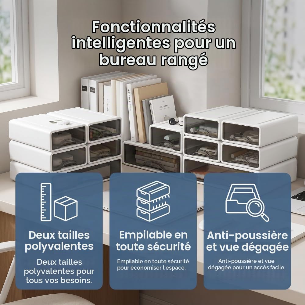 Lot de 5 Boîtes de Rangement Empilables, Organisateur de Bureau avec Tiroirs, 4 Petits + 1 Grand, Contenant en Plastique Blanc pour Papeterie, École, Maison, Gain de Place