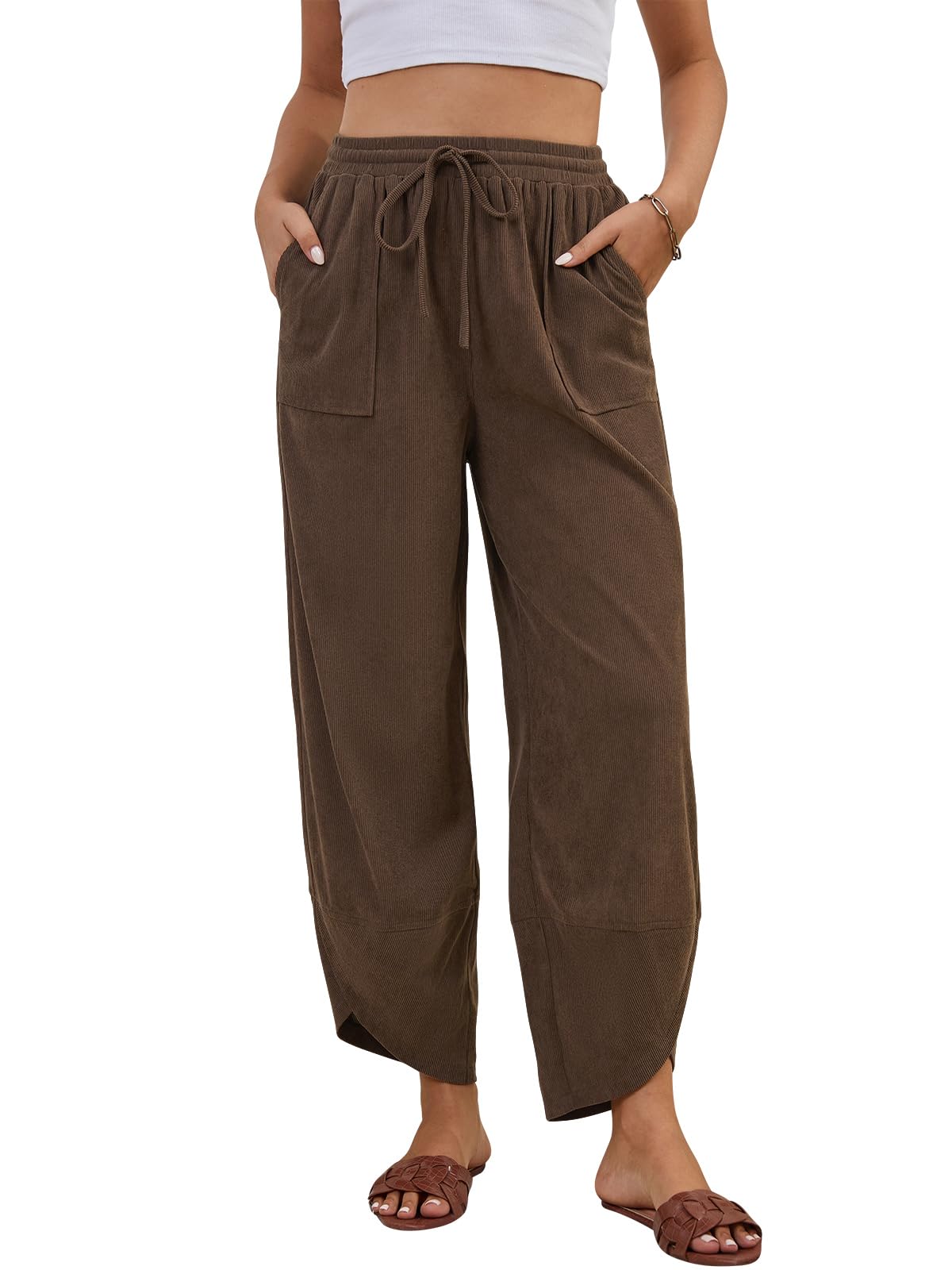 Womens Corduroy Pants Casual Wide Leg Pants Harem Pants Baggy Trousers Drawstring Elastic with Pockets
