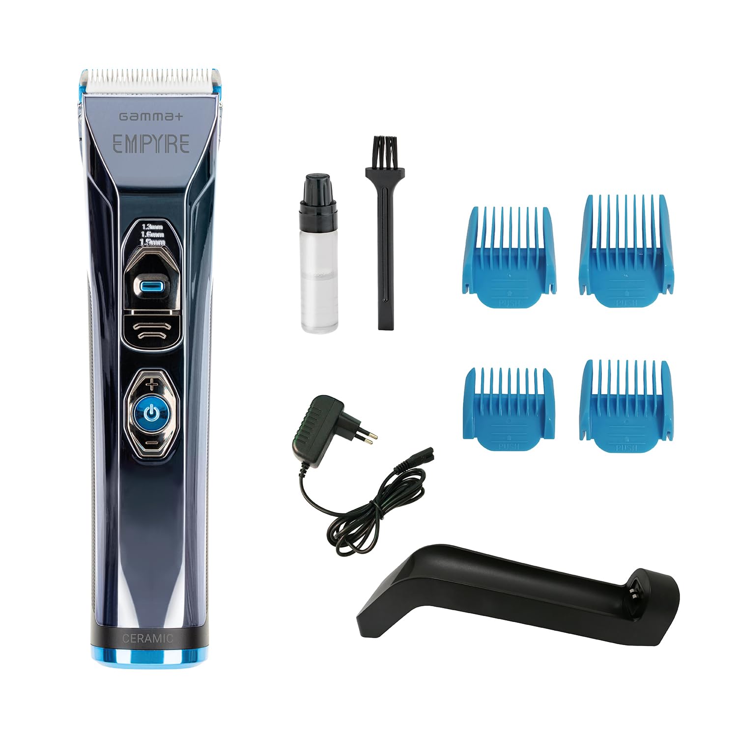 GAMMA + Empyre Tagliacapelli Uomo Professionale, Clipper con Motore Rotativo 3 Velocità, Lama in Ceramica Bianca, 300 Min. Autonomia Senza Fili, Tasto Lama Regolabile, 4 Pettini, Base di Ricarica