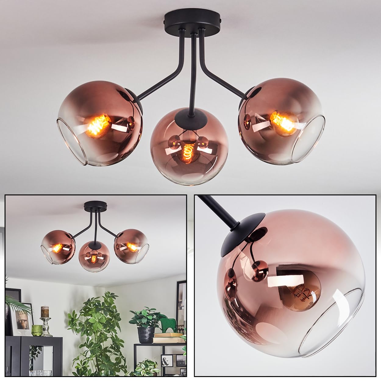 HOFSTEIN Ceiling lamp Koyoto, 3-Burner Ceiling lamp Made of Metal/Glass in Black/Copper/Clear, luminaire in Retro/Vintage Design (Shades Ø 15 cm), E14, Dining Room, Living Room, Bedroom, Kitchen