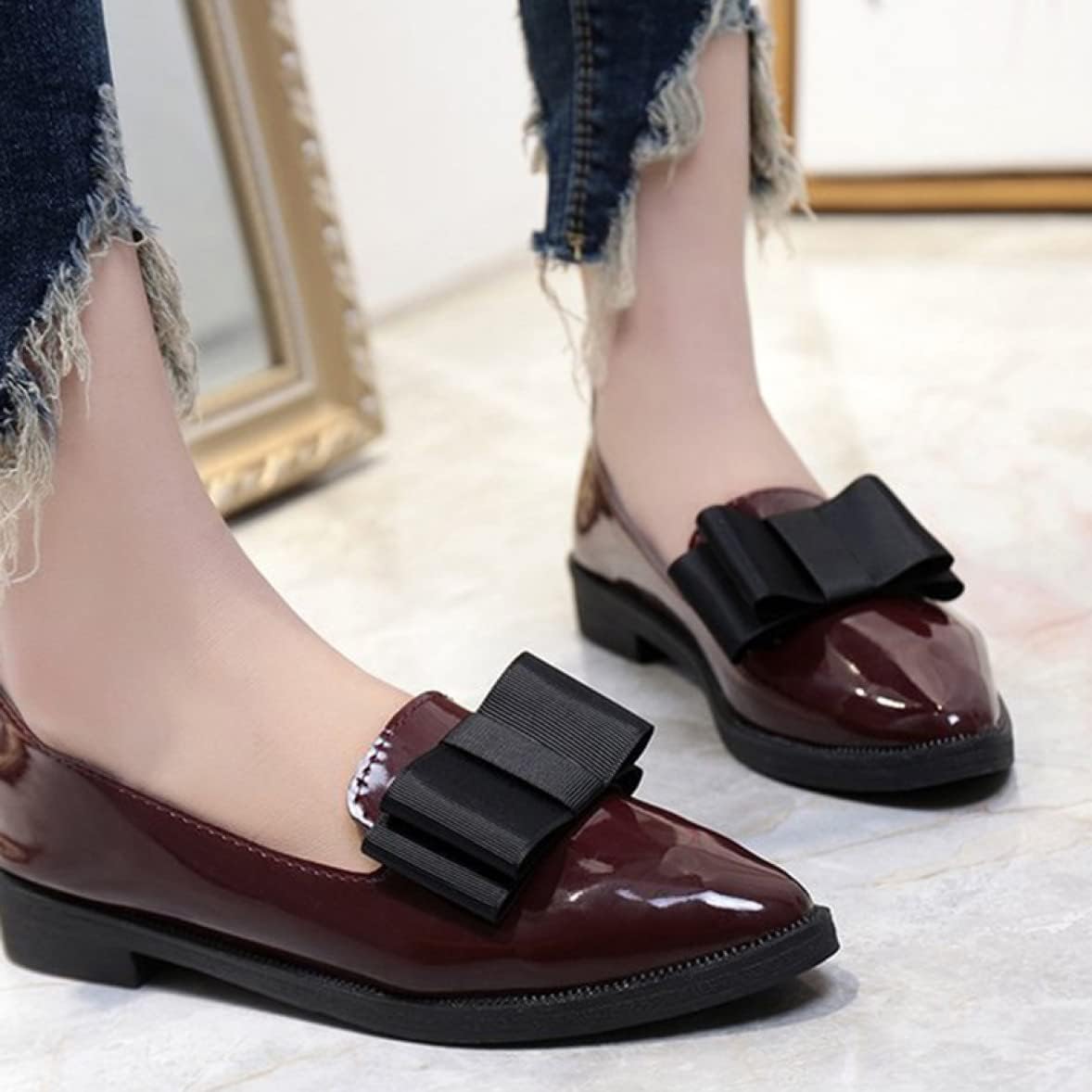 [SEJUC] ラウンドトゥ 太ヒール ローファー レディース スリッポン 3cmローヒール マニッシュ タッセル エナメル スリッ