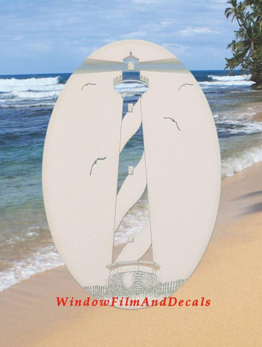Hatteras Lighthouse Oval Etched Window Decal Vinyl Glass Cling - 15" x 23" - White with Clear Design Elements