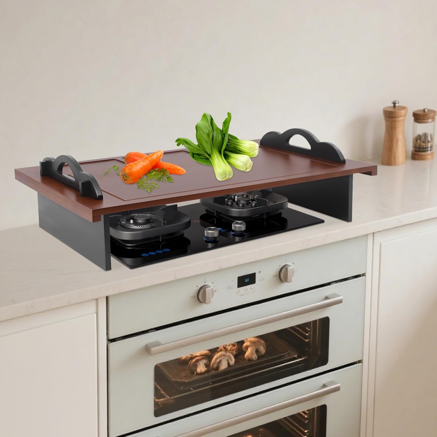 Noodle Board Stove Cover with Handles, 34"L x 22"W Bamboo Top Covers for Gas Burners and Electric Stove, Multiple Stove Top Cover Board for RV and Serving Tray