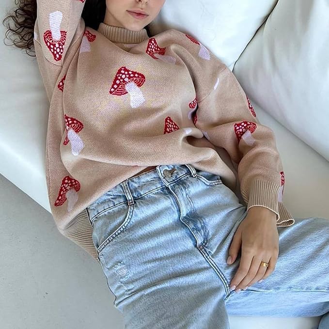 Apvirdy Mushroom Sweater Women Crewneck Long Sleeve Knit Sweater Loose Cute Graphic Pullover Sweater4