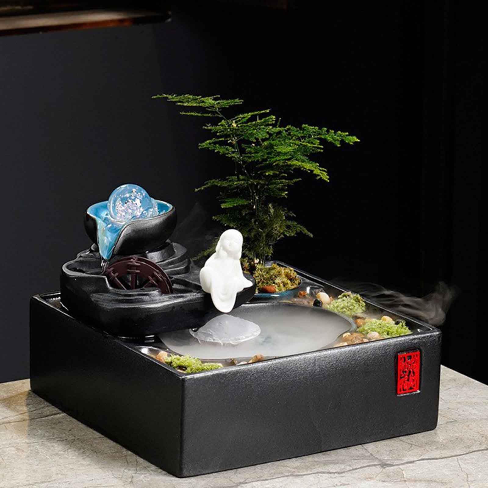 DFrywdgSEY tabletop fountain, with Mist LED Light and Waterwheel, for Indoor Home Decoration Table Desk Office and Patio(I)