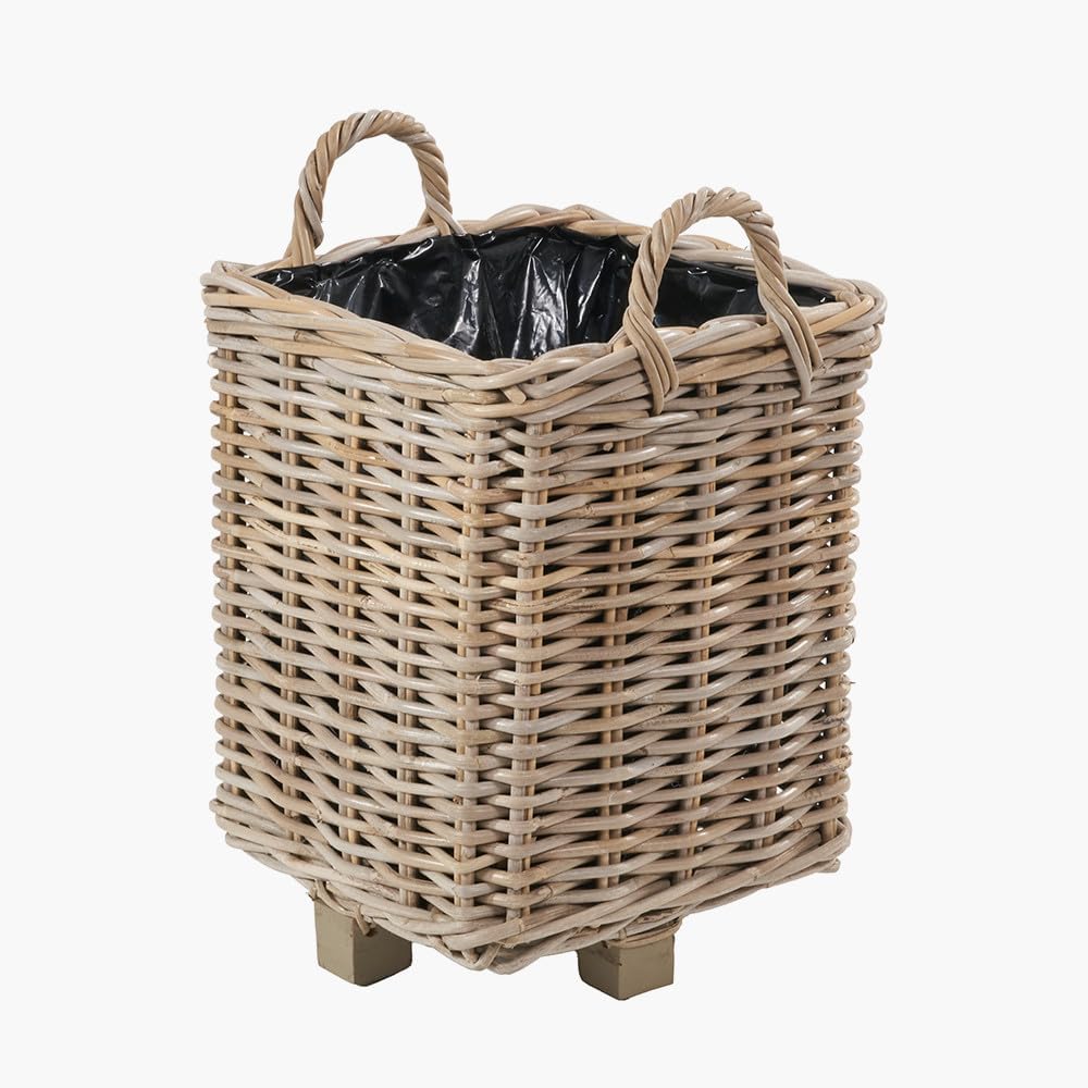 Square Wicker Planter Lined Basket Grey & Buff Kubu Rattan Garden Flower Pots (Small)