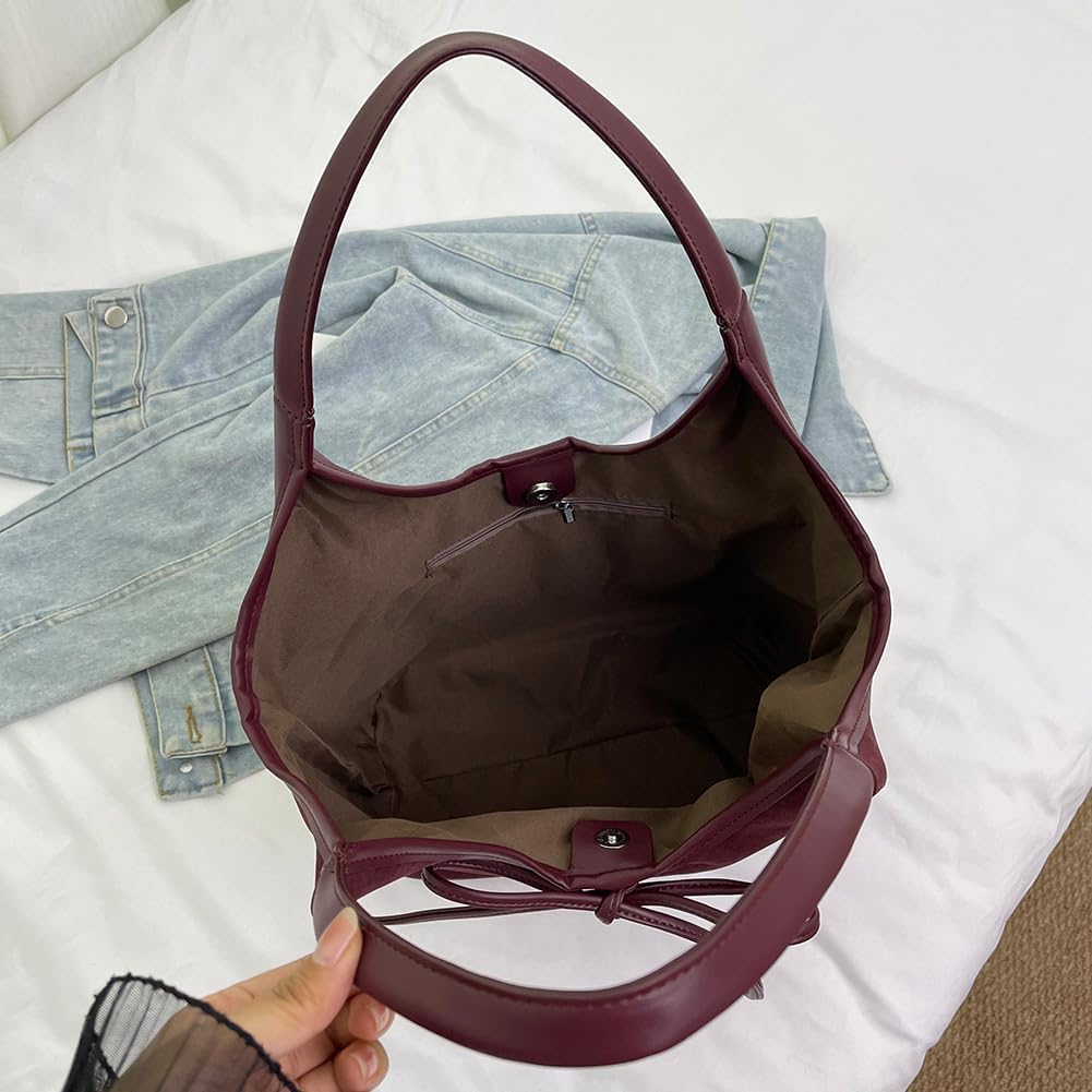 Bow Suede Tote Bag for Women - Brown Burgundy Work Hobo Handbags with Bow - Image 4