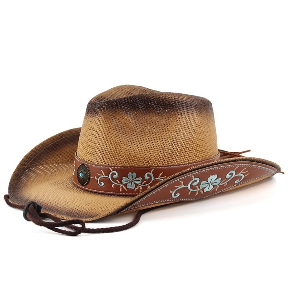 Cappello di Paglia da Uomo Cappello di Paglia da Cowboy Occidentale da Esterno for Uomo e Donna Cappello di Stoffa di Carta con Tesa Curva Ricamata