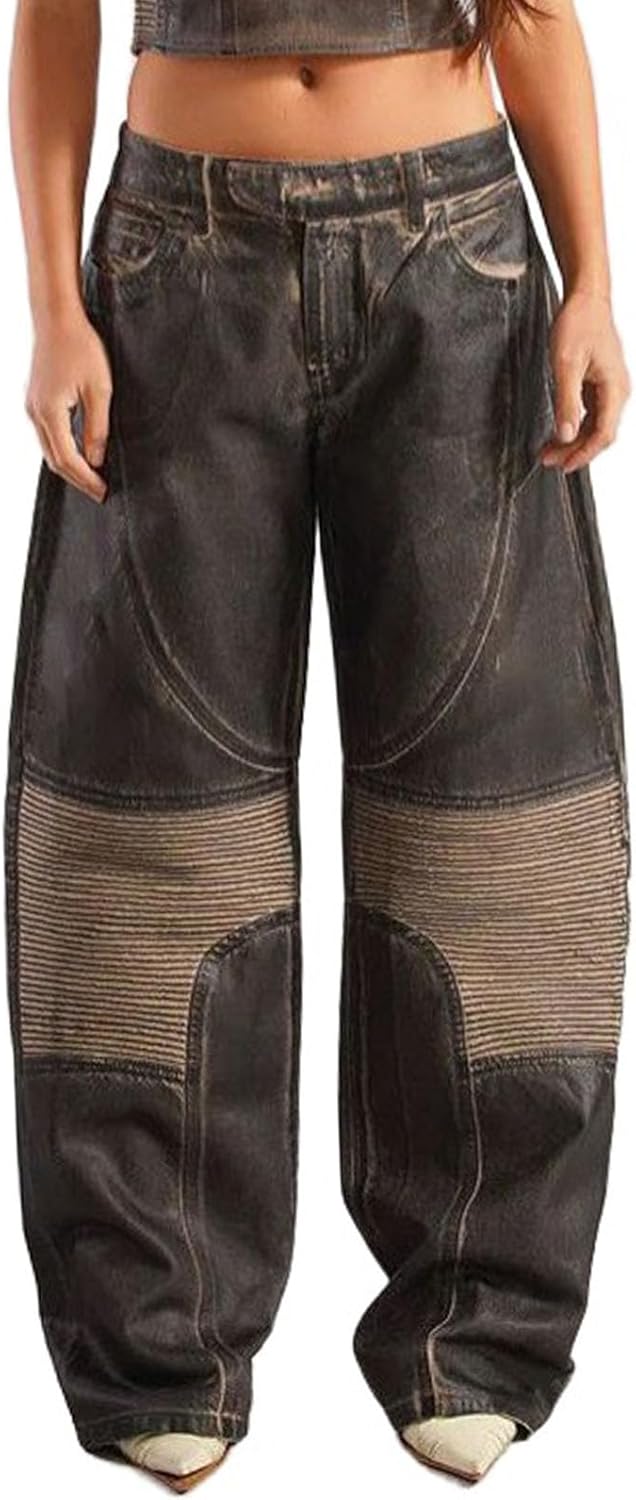 Mandonce Barrel Jeans for Women, Blue, Wide Leg, Mid Rise, Striped Patchwork, Cargo Style, Trendy Y2K Jeans