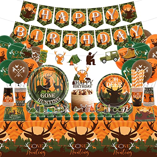 Ywediim Vajilla de suministros para fiestas de caza para 20 invitados, incluyendo cartel de feliz cumpleaños, plato, globos y mantel, para fiesta temática de caza de camuflaje de cumpleaños (Bandera)